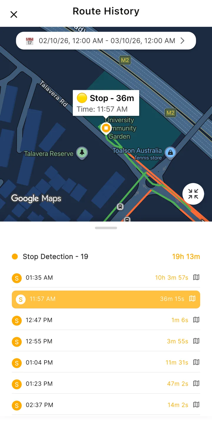 Finder GPS route history stop detection list
